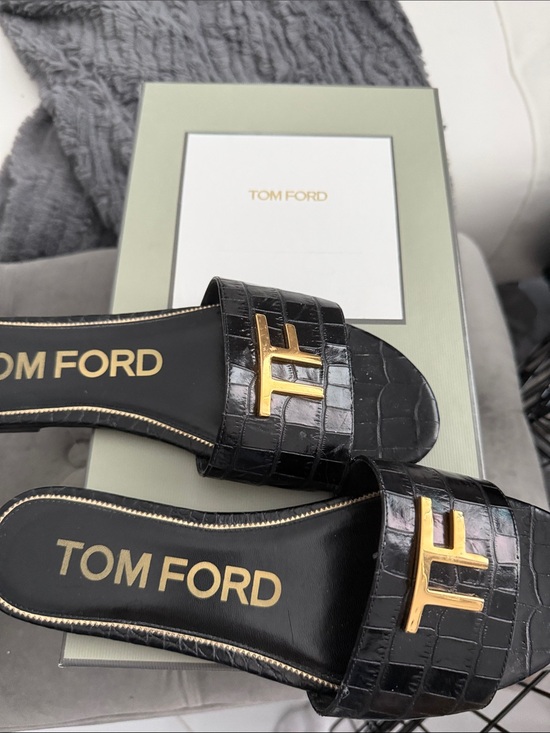 Tom Ford Shoes - Tom Ford Black Croc-Embossed Slide Sandals with Gold TF Logo